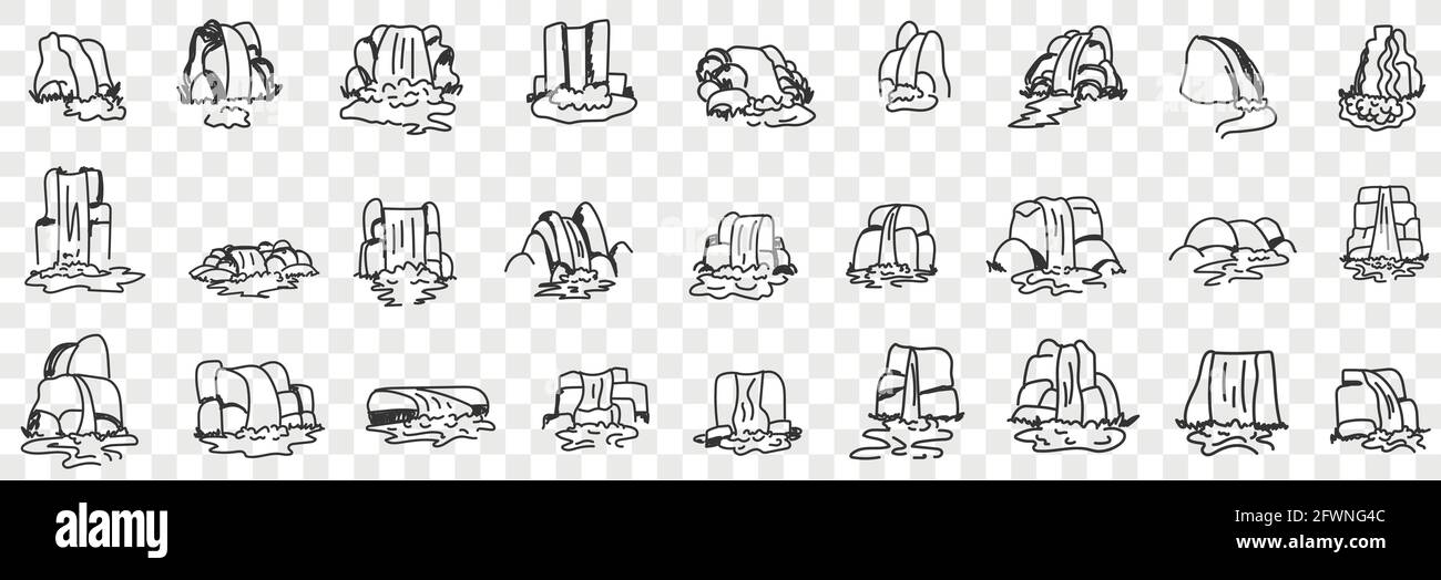 Natürliche Wasserfälle in Klippen Doodle Set. Sammlung von handgezeichneten fallenden Wasserfällen natürliche Parklandschaften vies Landschaften in Reihen isoliert auf transparentem Hintergrund Stock Vektor