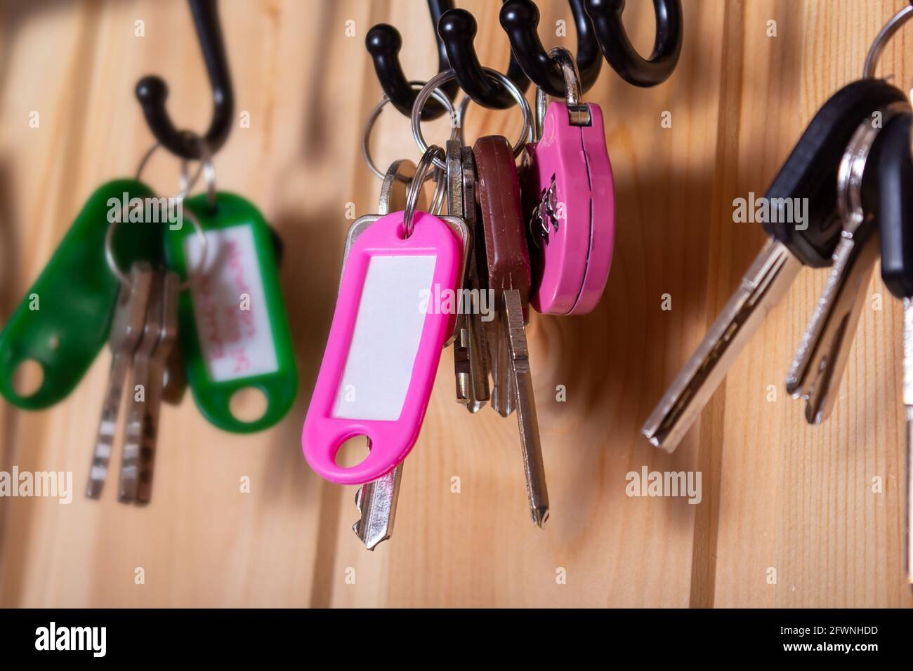 Pinkfarbener Schlüsselanhänger mit Kopierraum und Schlüsseln an Haken im Flur. Holzwand als Hintergrund. Viele andere Schlüsselanhänger herum. Geringe Schärfentiefe. Stockfoto