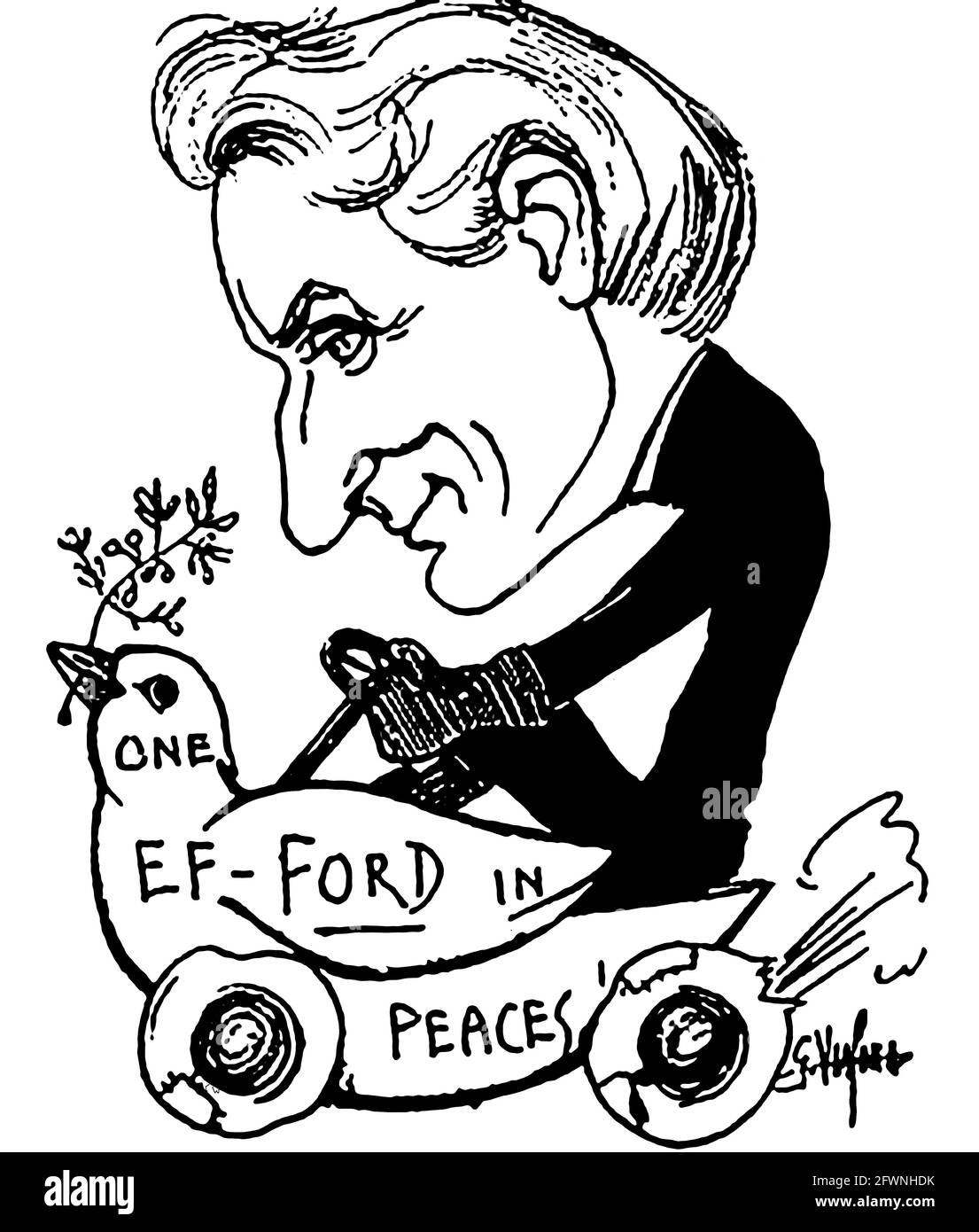 1919 Karikaturen von berühmten Persönlichkeiten der Zeit des Künstlers Giovanni Viafora (USA) - HENRY FORD (Automobilhersteller, industrieller und Geschäftsmagnat) aus einem Buch mit satirischen Karikaturen von Giovanni Viafora. Die weltberühmte Ford Motor Company wurde von ihm in Detroit gegründet. 1891 begann er für den Erfinder Thomas Edison an Motoren zu arbeiten. Ford schuf das „Vierrad“ im Jahr 1896, ein vierrädriger Motor angetriebenes Fahrrad, das von einem Motor betrieben wird. 1903 gründete er die Ford Motor Company und führte als erster die Fließband-Technik der Massenproduktion ein Stockfoto