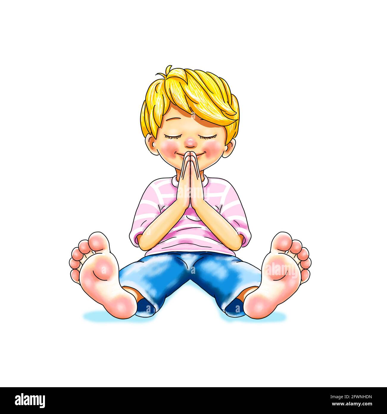Junge Kind Kleinkind sitzen Beine gestreckt barfuß Sohlen Füße Hände gefaltet Lächeln fragen beten denken dankbar Dankbarkeit Gebet niedlich beten Schüler Stockfoto