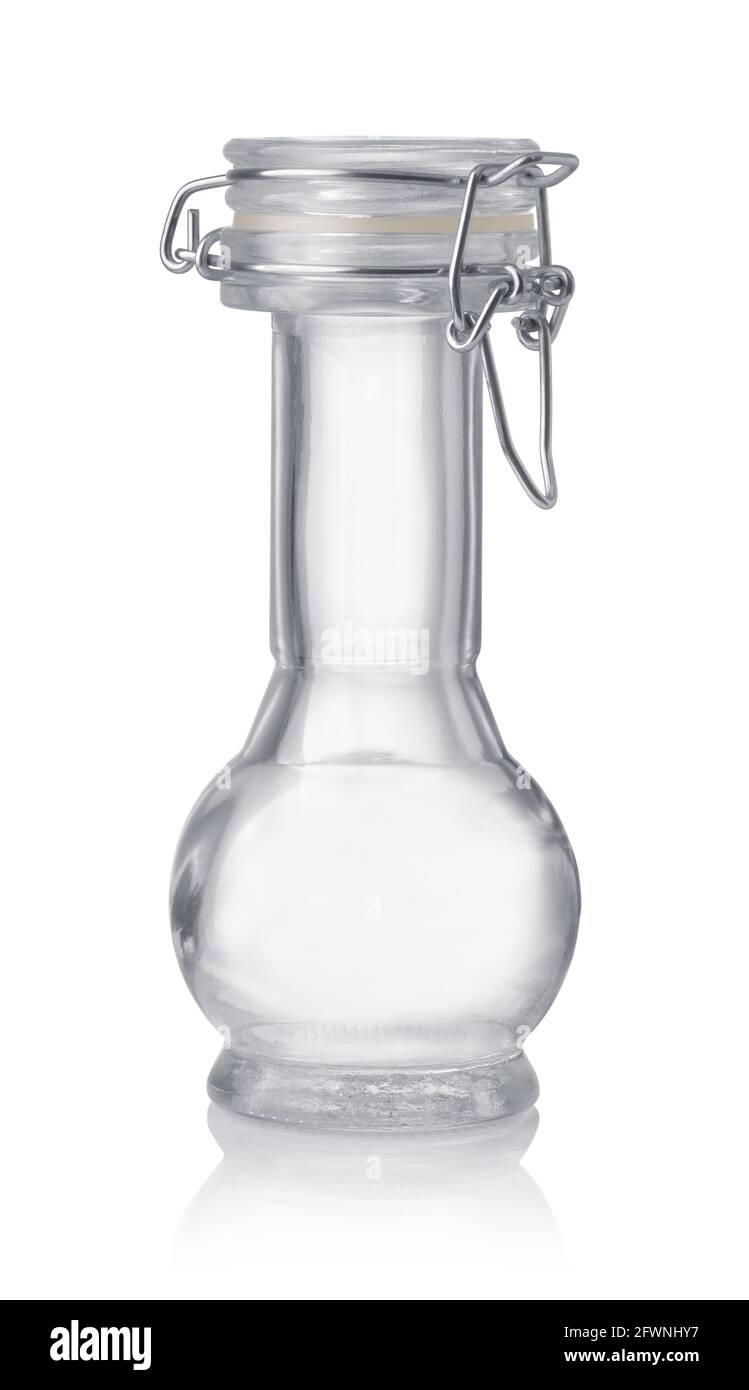 Vorderansicht einer kleinen leeren Glas-Gewürzflasche isoliert Weiß Stockfoto