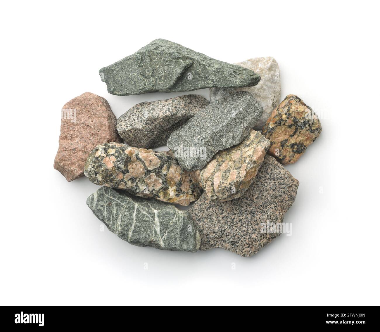 Draufsicht auf verschiedene zerkleinerte Steine isoliert auf Weiß Stockfoto