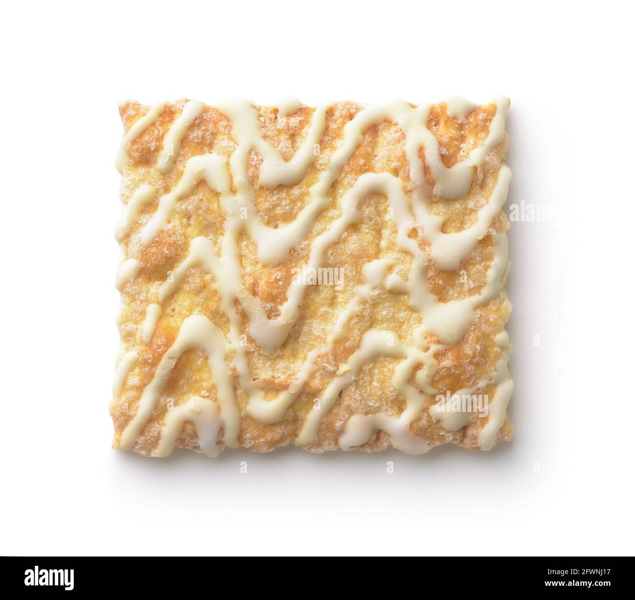 Draufsicht auf Vanillefrosting tröpfelte quadratische Plätzchen isoliert auf Weiß Stockfoto