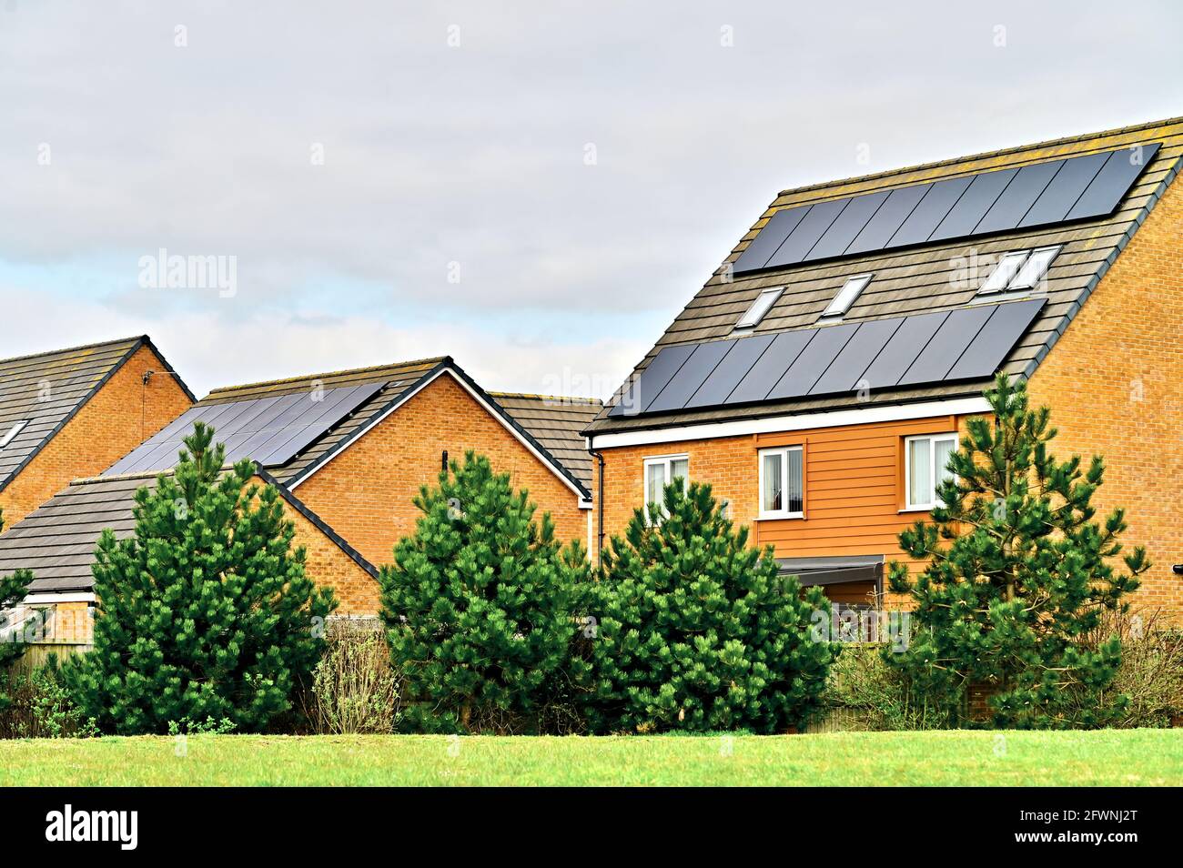 Sonnenkollektoren auf den Dächern einer modernen Wohnsiedlung In Großbritannien Stockfoto