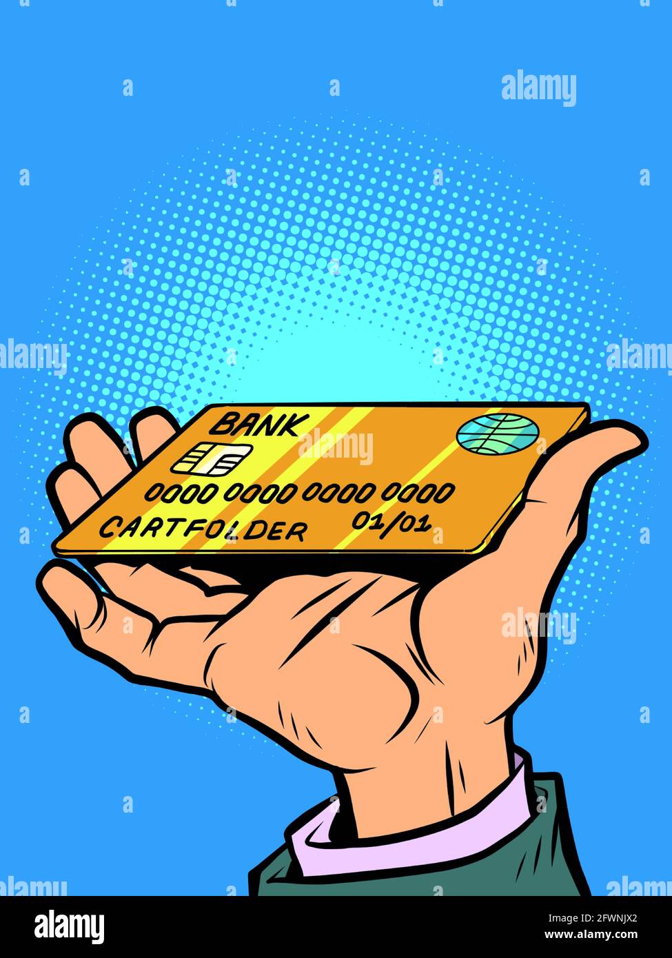 Die Hand eines Mannes hält eine Bankkreditkarte. Finanzdienstleistungen Stock Vektor
