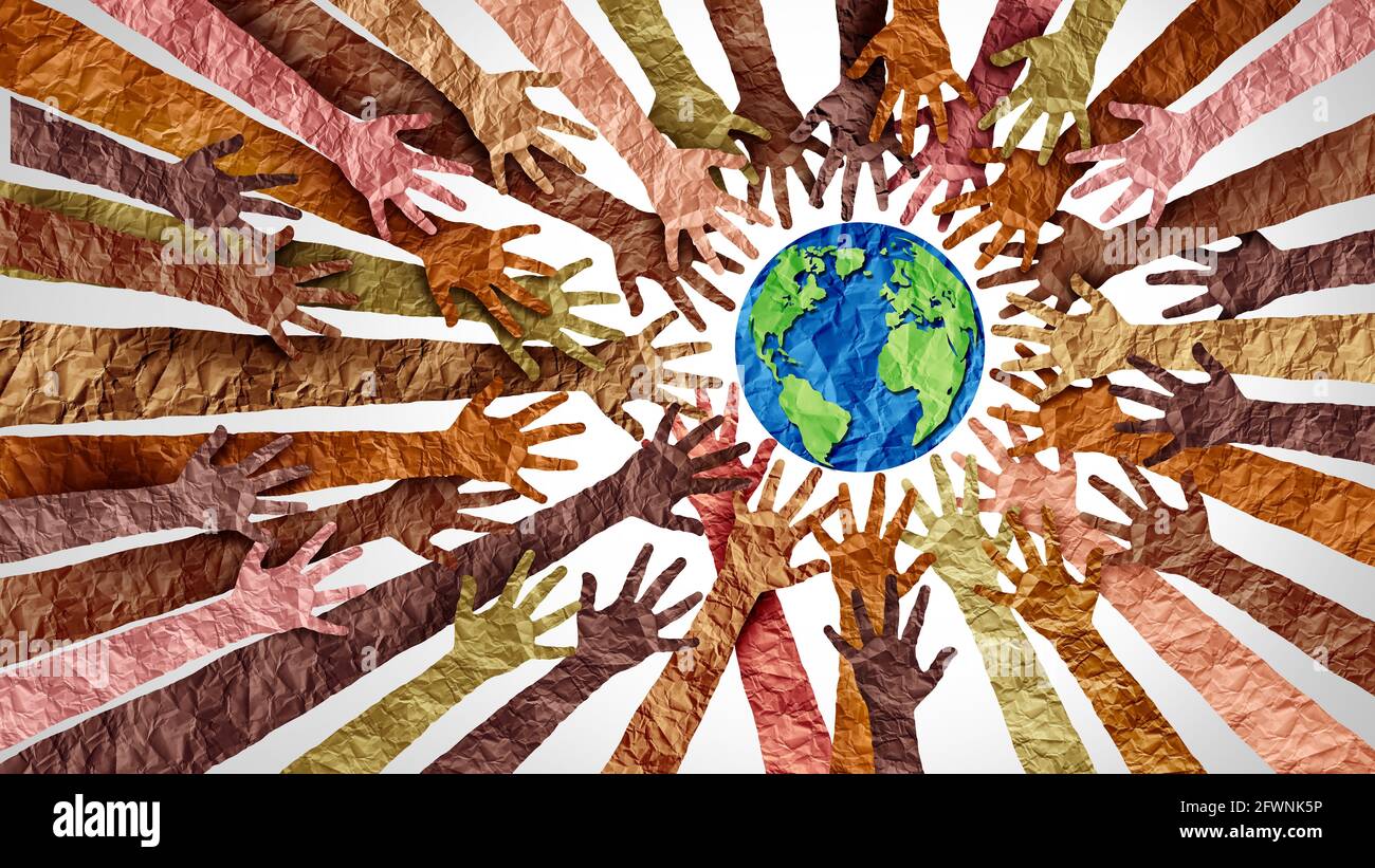 Weltkultur Tag der Erde und globale Vielfalt und internationale Kulturen als ein Konzept der verschiedenen Rassen und Menschenmenge Zusammenarbeit Symbol als Hände halten. Stockfoto