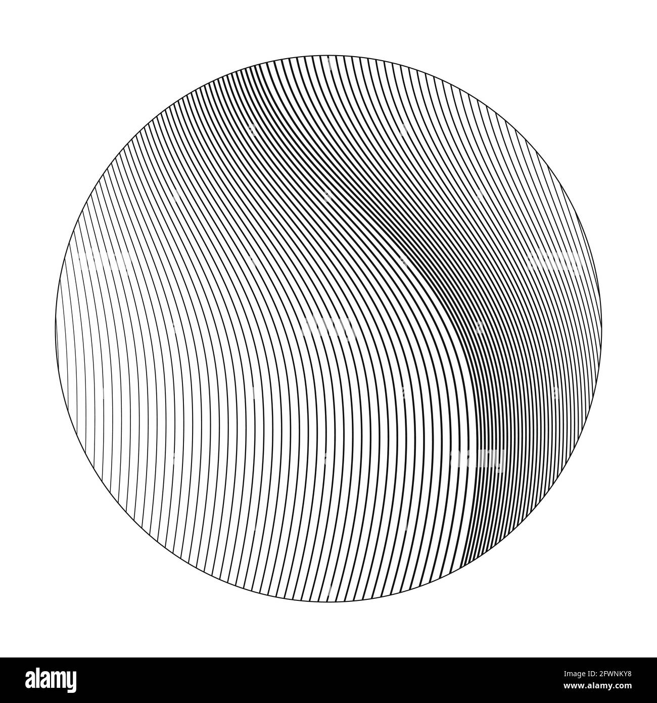 Geschwungene Linien, die ein welliges Muster in einer runden Form bilden. Optische Illusion Gradienteneffekt. Abstrakter Halbton-Texturhintergrund. Hintergrund mit einer Psych Stock Vektor