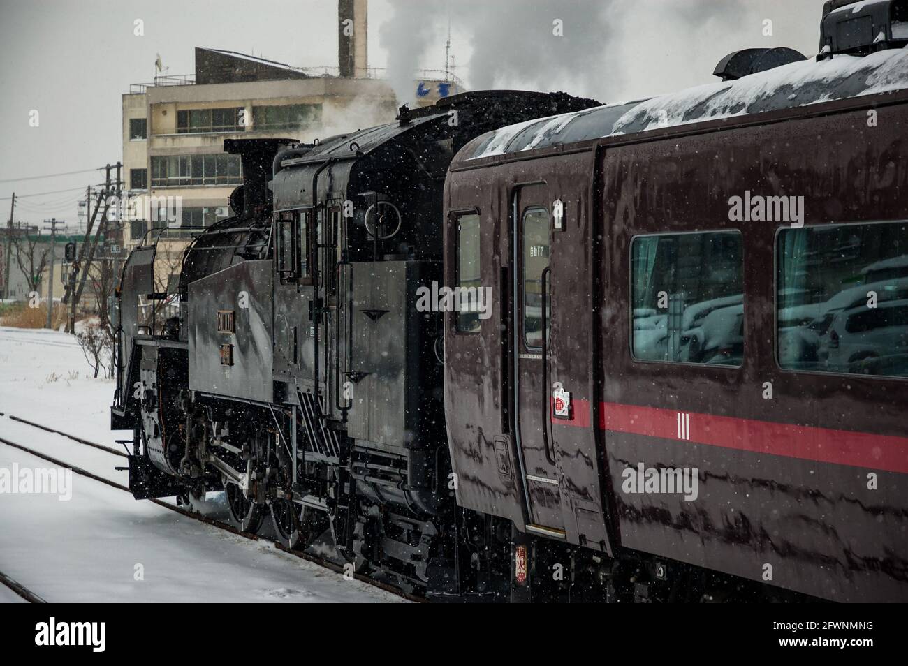 Japanische Dampflokomotive in Hokkaido Winter mit Klasse C11 Tank besonders am Bahnhof Kushiro Stockfoto