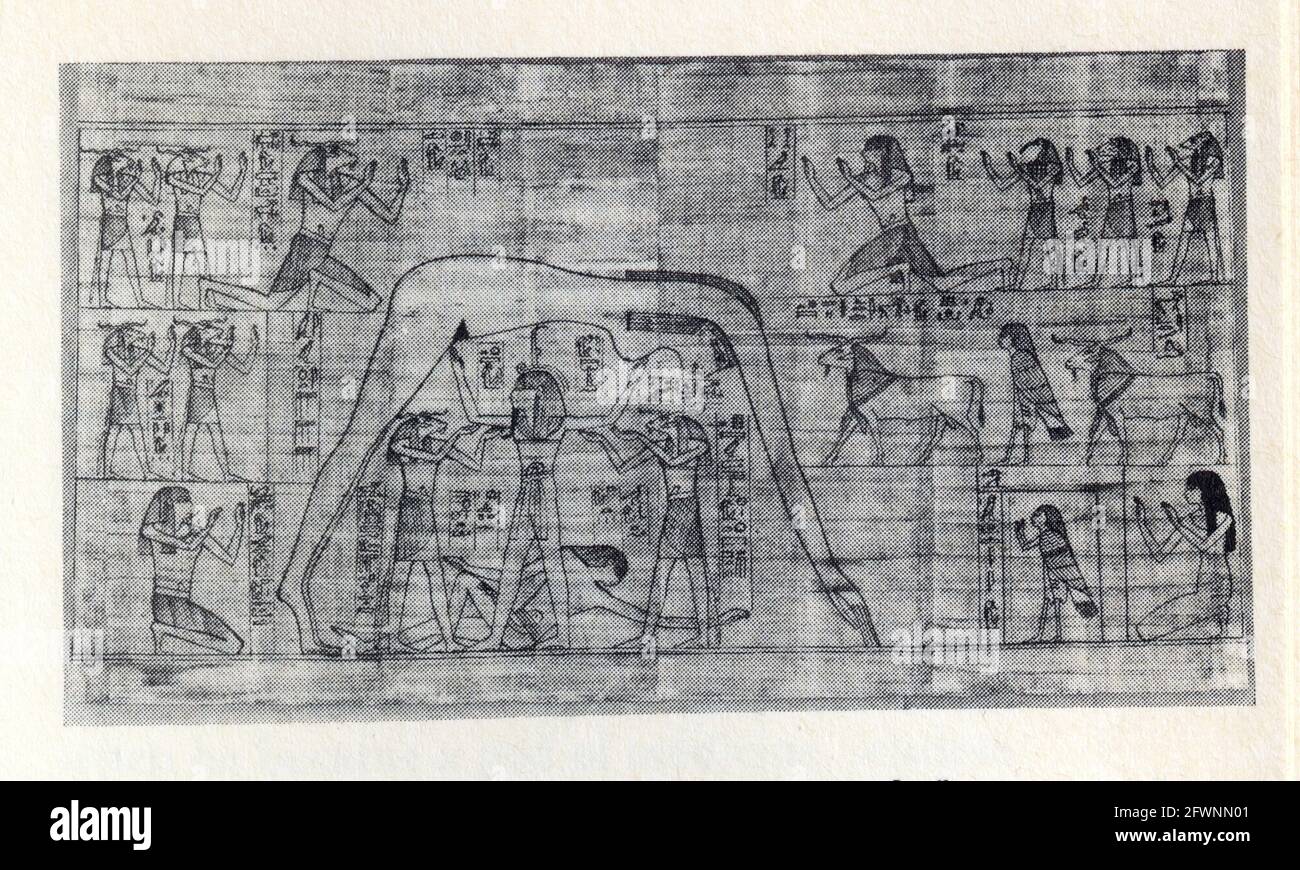 Die häufigste der Szenen, die aus Schöpfungslegenden dargestellt werden, ist, dass der luftgott Shu die Himmelsgöttin Nut vom erdgott geb. 1 trennt Stockfoto