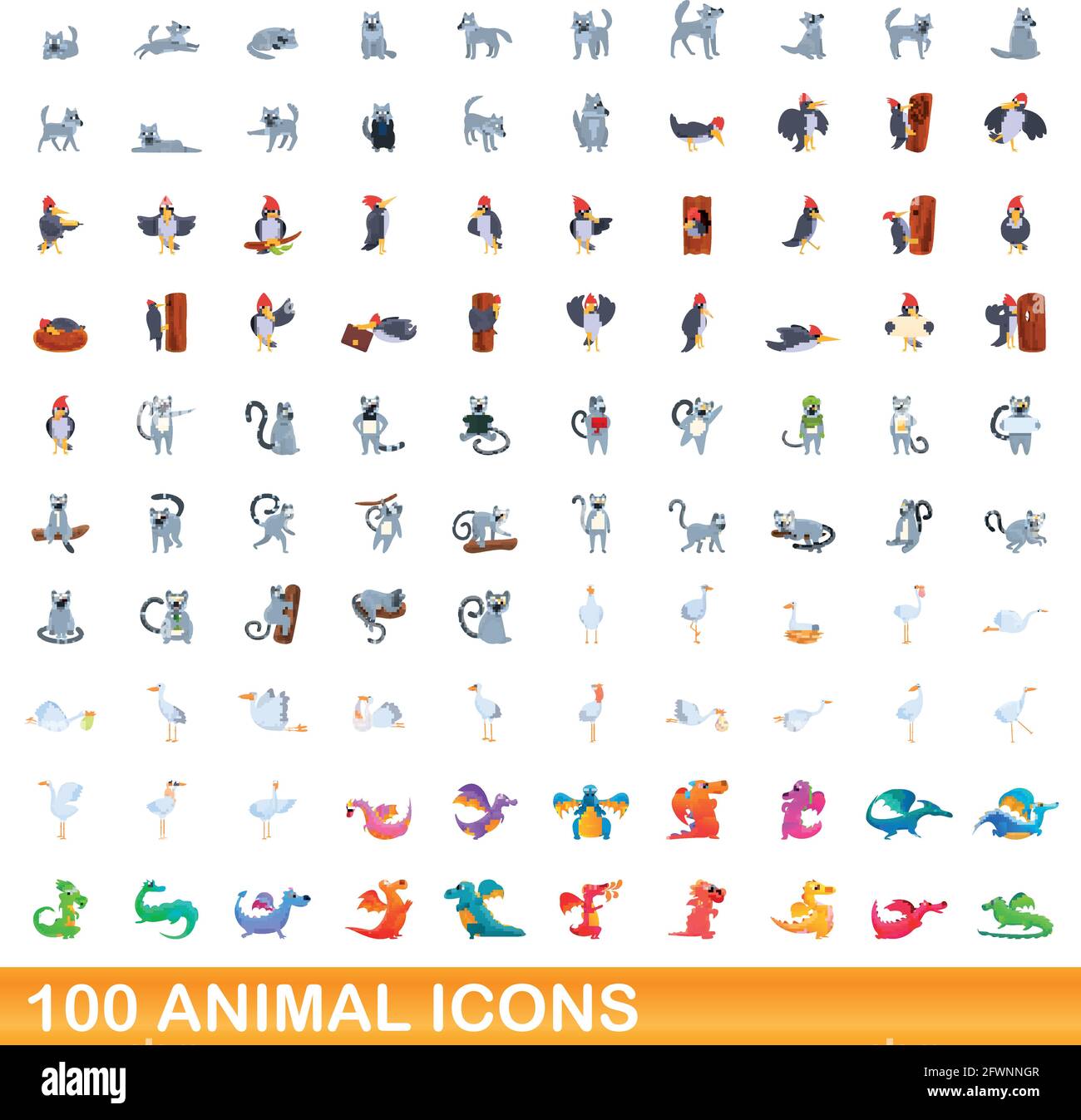 100 Tier Icons einstellen. Cartoon Abbildung: 100 Tier icons Vektor auf ...