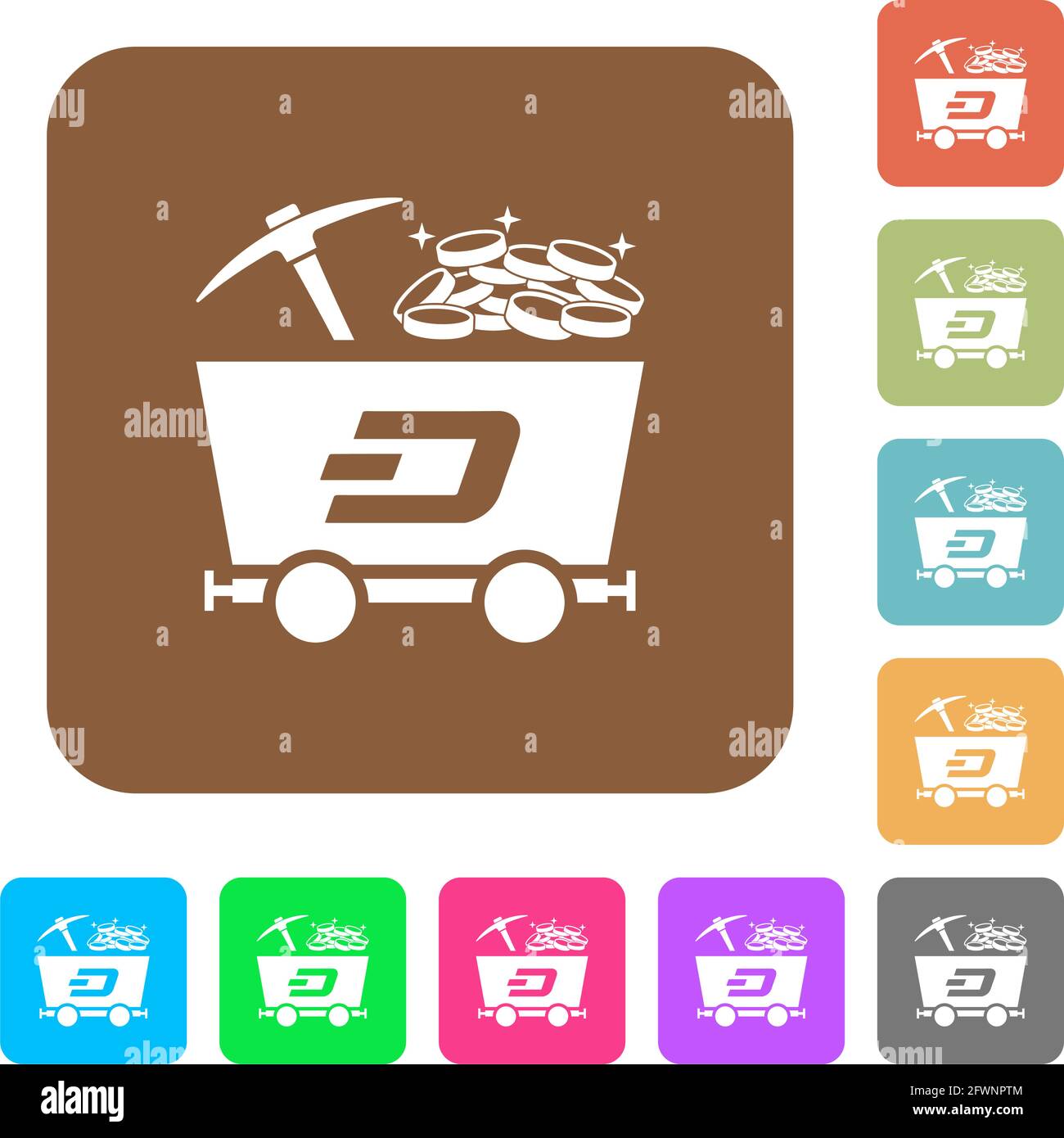 Dash Cryptocurrency Mining mit Schatzflachsymbolen auf abgerundeten quadratischen, lebendigen Farbhintergründen. Stock Vektor