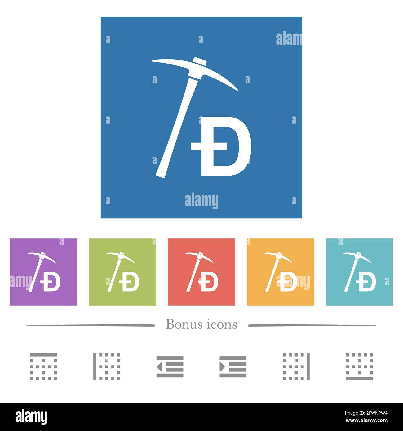 Dogecoin Kryptowährungsbergbau mit flachen weißen Symbolen in quadratischen Hintergründen. 6 Bonus-Symbole enthalten. Stock Vektor