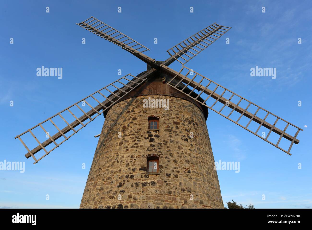 Warnstedt, Deutschland. Mai 2021. Blick auf eine Turmwindmühle, die 1855 erbaut wurde. Heute wird das technische Denkmal von einem Verein betreut. Aufgrund der Corona-Pandemie mussten alle Aktivitäten im Zusammenhang mit dem Tag der deutschen Mühle, der traditionell am Pfingstmontag stattfindet, abgesagt werden. Quelle: Matthias Bein/dpa-Zentralbild/dpa/Alamy Live News Stockfoto