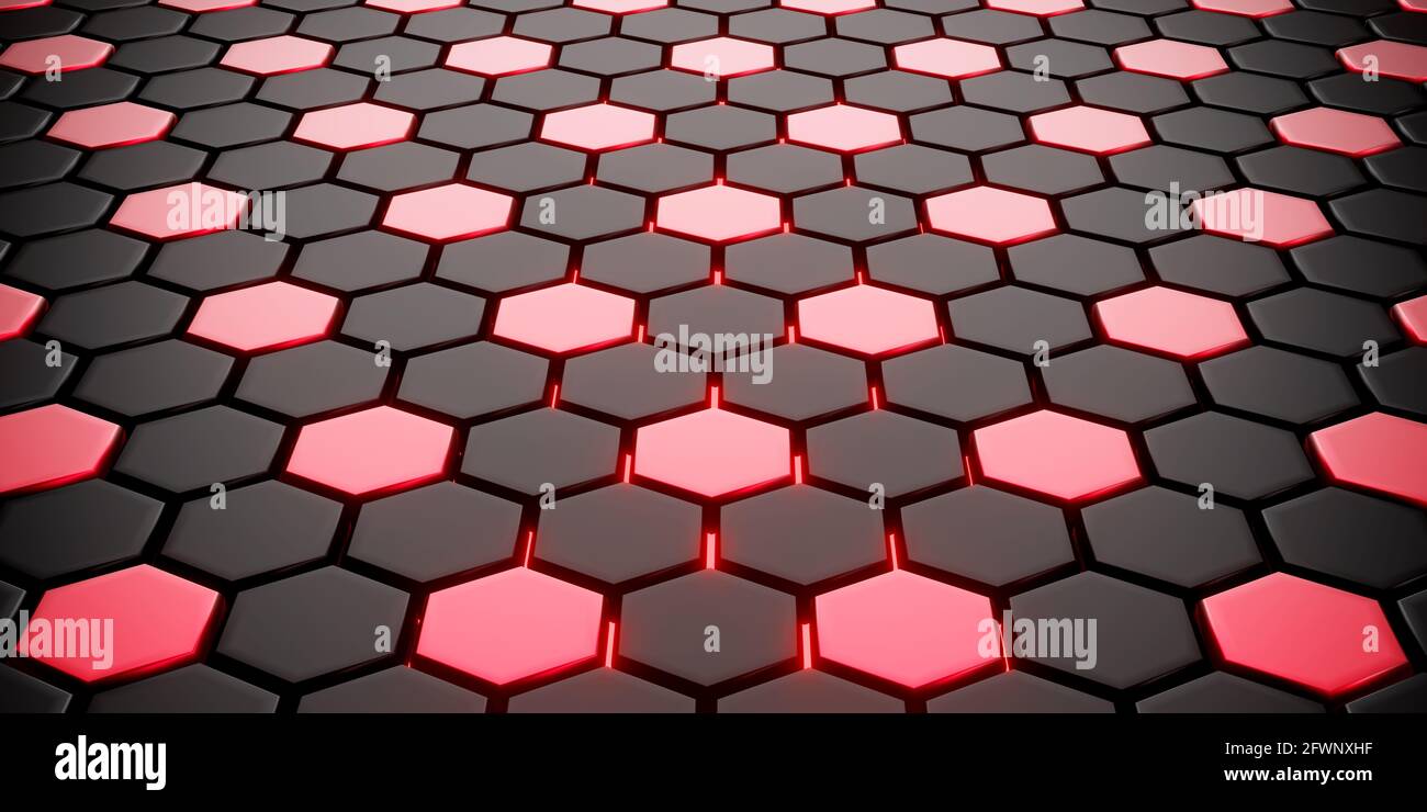 3d-Rendering von abstraktem Hintergrund mit schwarzen und roten Sechsecken. Abstrakter und futuristischer Hintergrund. Stockfoto