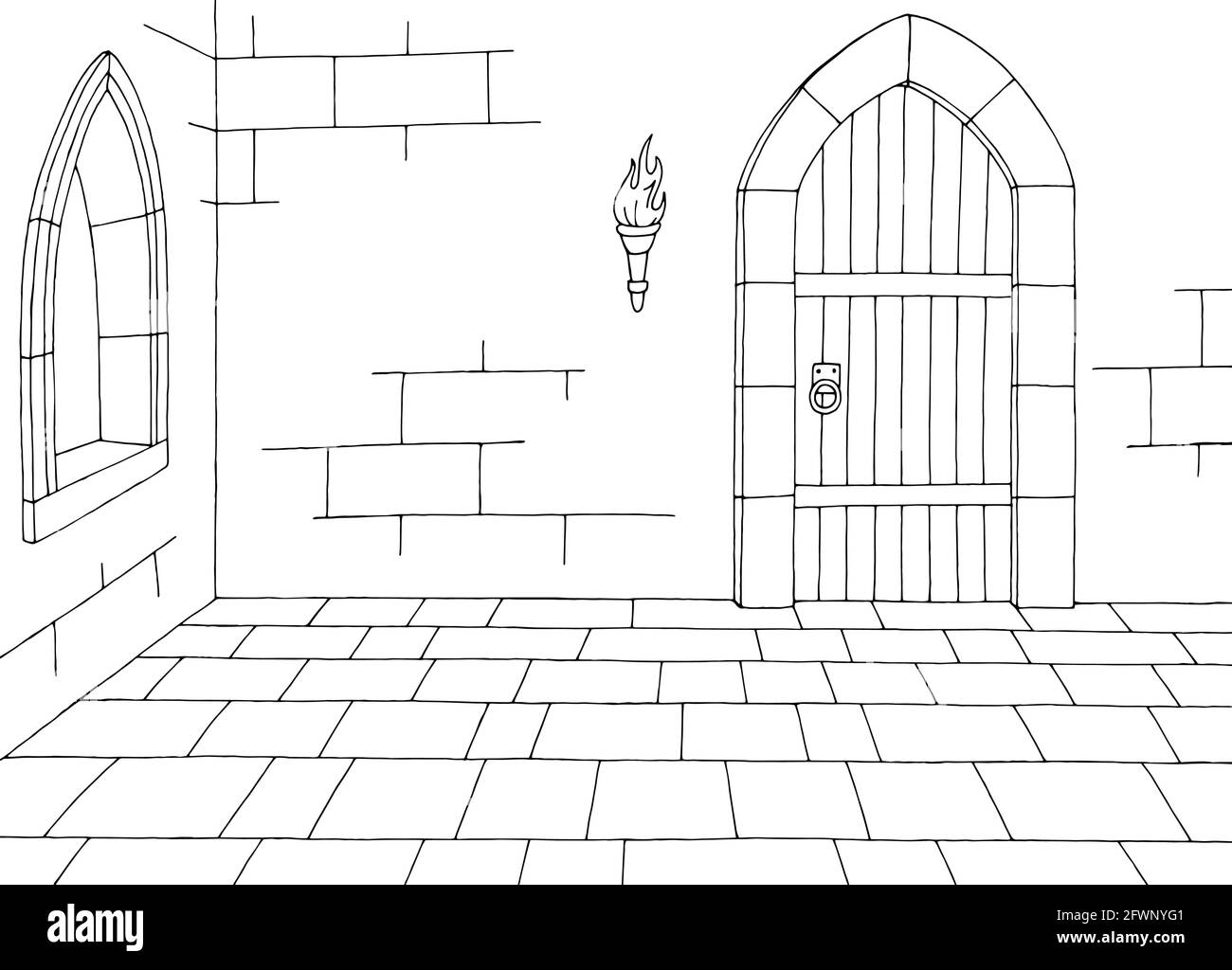 Burg Innengrafik schwarz weiß mittelalterliche Skizze Illustration Vektor Stock Vektor