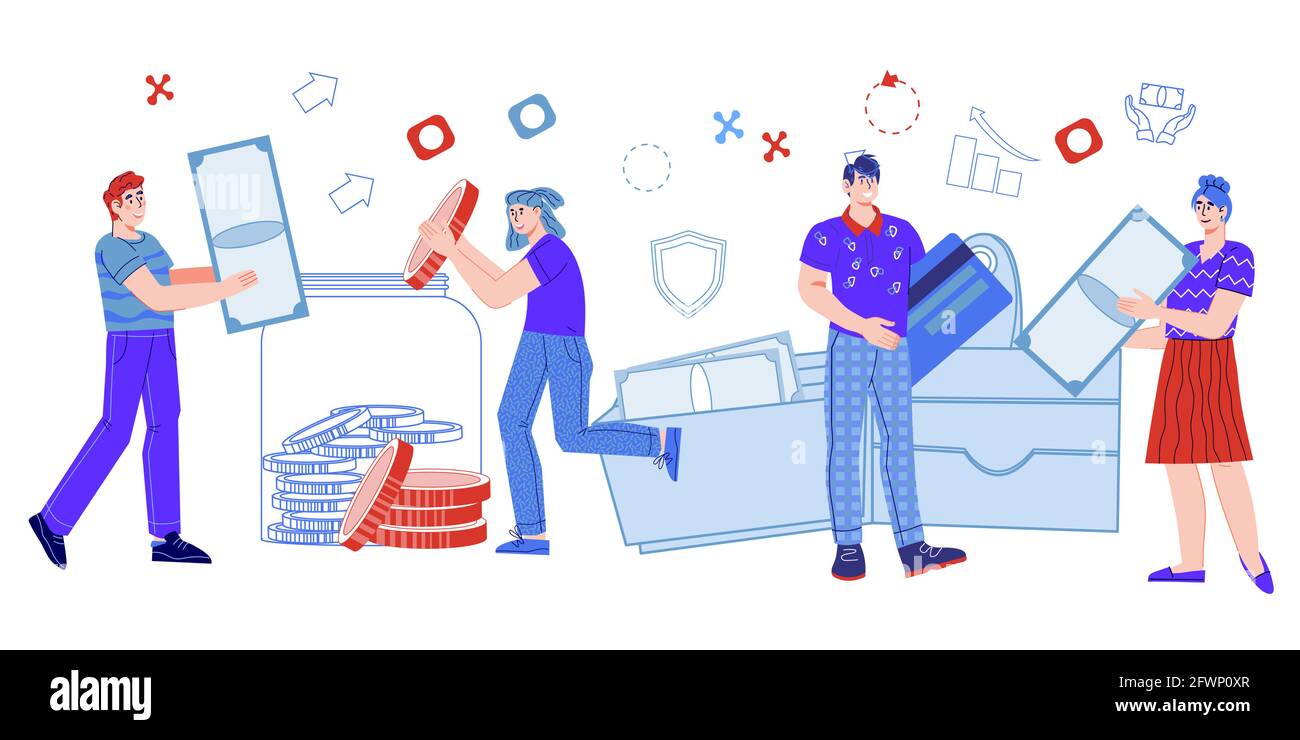 Online-Geldtransfer und virtuelle Geldbörse, Finanztransaktionen und Barzahlung. Online-Banking, Business-App und Finanzdienstleistungen, Cartoon ve Stock Vektor