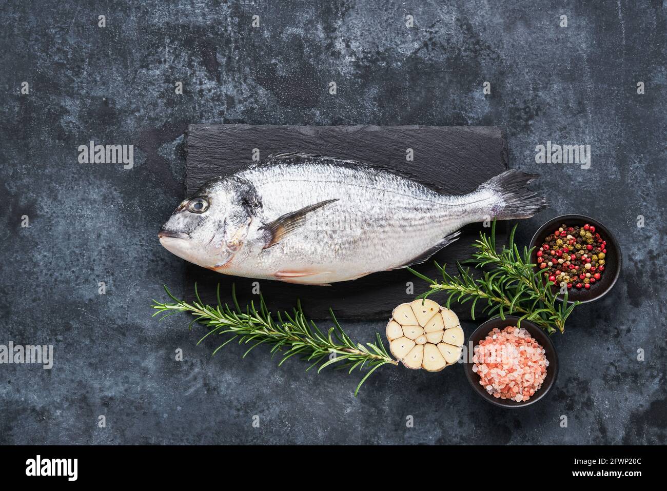 Roher dorada-Fisch mit Rosmarin, Salz und Knoblauch auf grauem Grund. Mediterranes Meeresfrüchtekonzept. Draufsicht, Kopierbereich Stockfoto