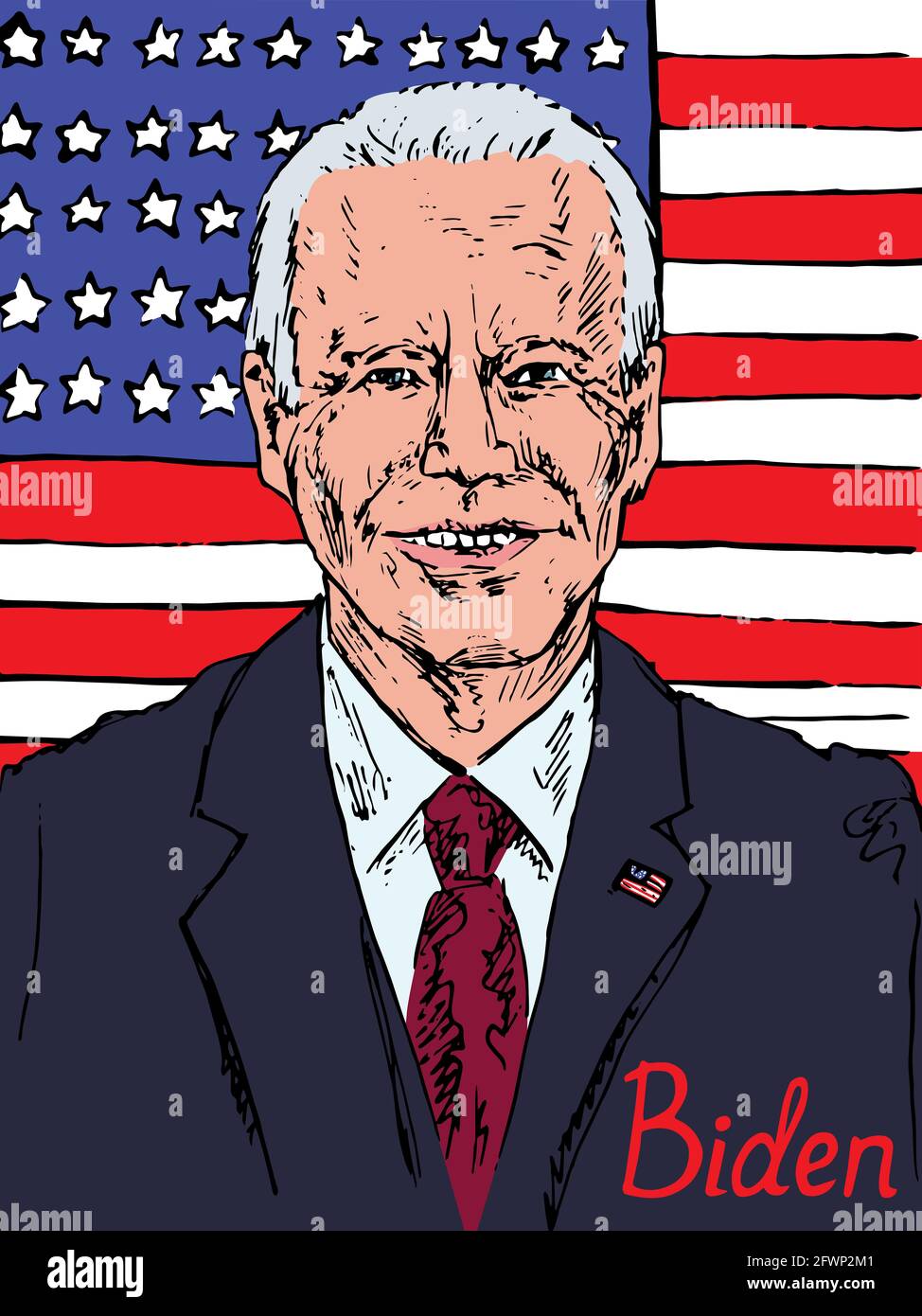 Porträt von Joseph Robinette Biden Jr, dem Präsidenten von Amerika, handgezeichneter hintergrund mit amerikanischer Flagge Stockfoto