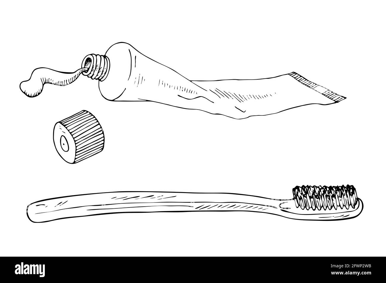 Zahnpasta-Tube (Behälter, zusammenklappbare oder zusammenklappbare Tube) und Zahnbürste, handgezeichnete Doodle-Skizze, isolierte Illustration Stockfoto