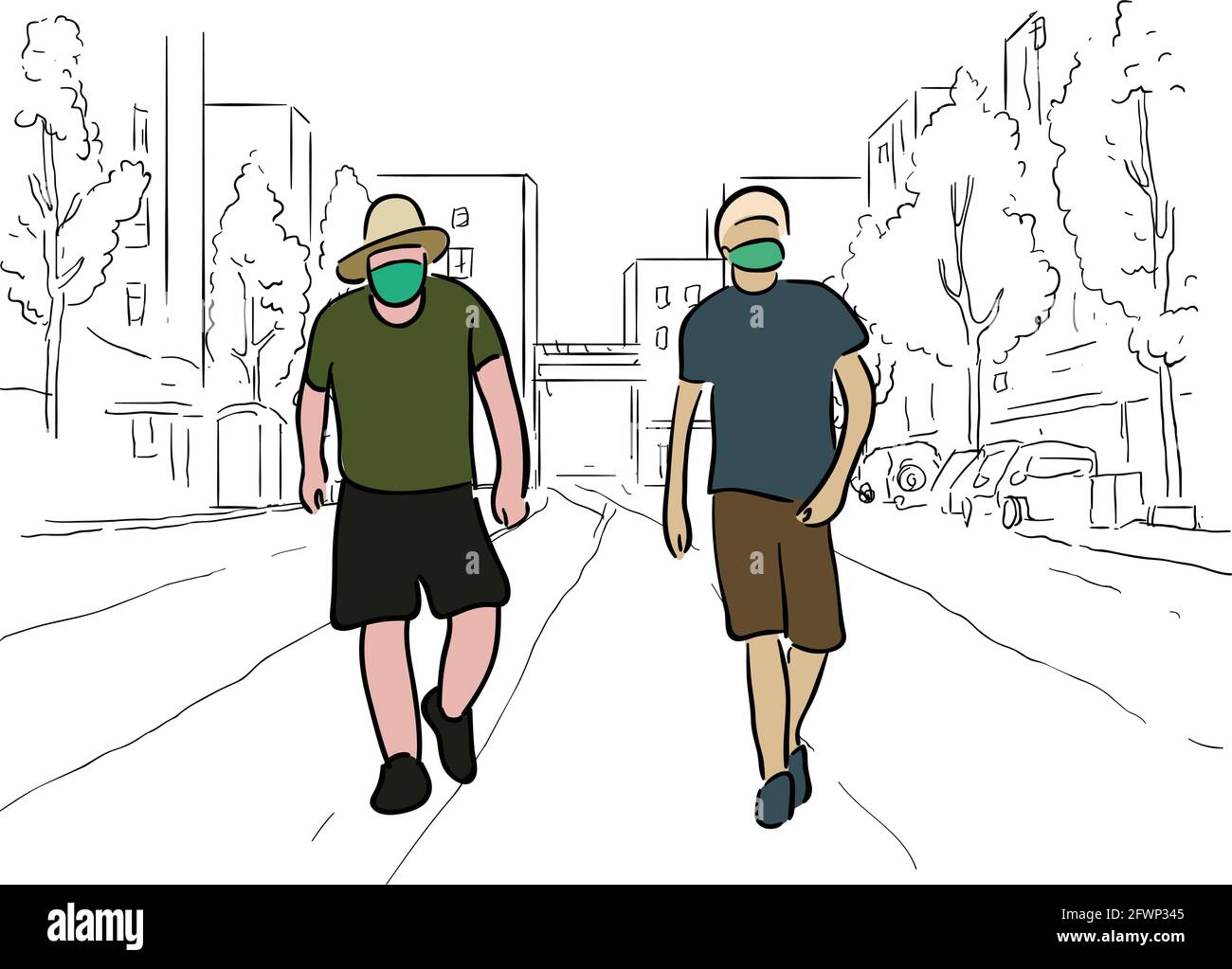 Männer gehen auf der Straße mit Gesichtsmaske Illustration Vektor auf Handgezeichneter Hintergrund Stock Vektor