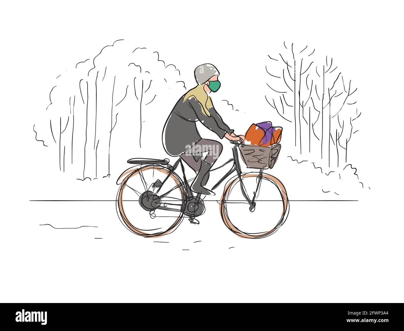 Maskiertes Mädchen Fahrrad fahren Illustration Vektor auf Hand gezeichnet Hintergrund Stock Vektor