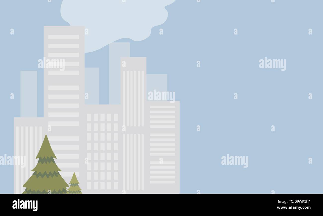 Moderne Stadtlandschaft Vektor flache Illustration. Gebäude, Wolkenkratzer und Bäume. Urbanes Tageslandschaftskonzept, Skyline der Stadt für mobile Anwendung oder Website-Design. Stock Vektor