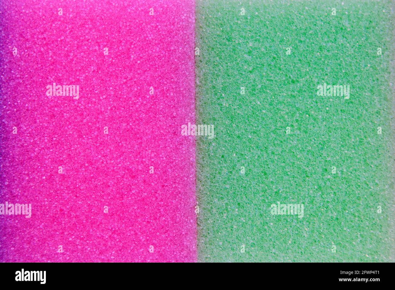 Ein Nahaufnahme von zwei Waschschwämmen, einem Pink und einem Grün, nebeneinander Stockfoto