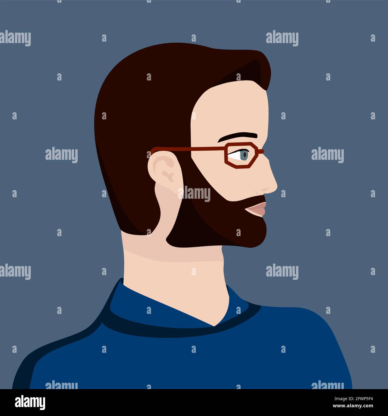 Porträt eines dunkelhaarigen Mannes mit Brille in blauem Schweter. Der Kopf eines jungen europäischen Mannes im Profil. Avatar In Sozialen Medien. Vektorgrafik: Flache Darstellung Stock Vektor