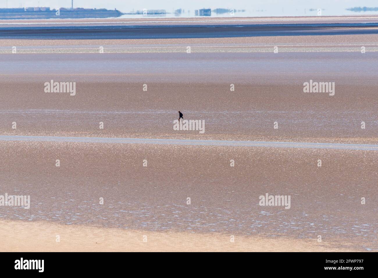 Blick von Far Arnside über die Morecambe Bay in Richtung Morecambe, Lancashire, Großbritannien mit einem Spaziergänger auf dem Sand Stockfoto