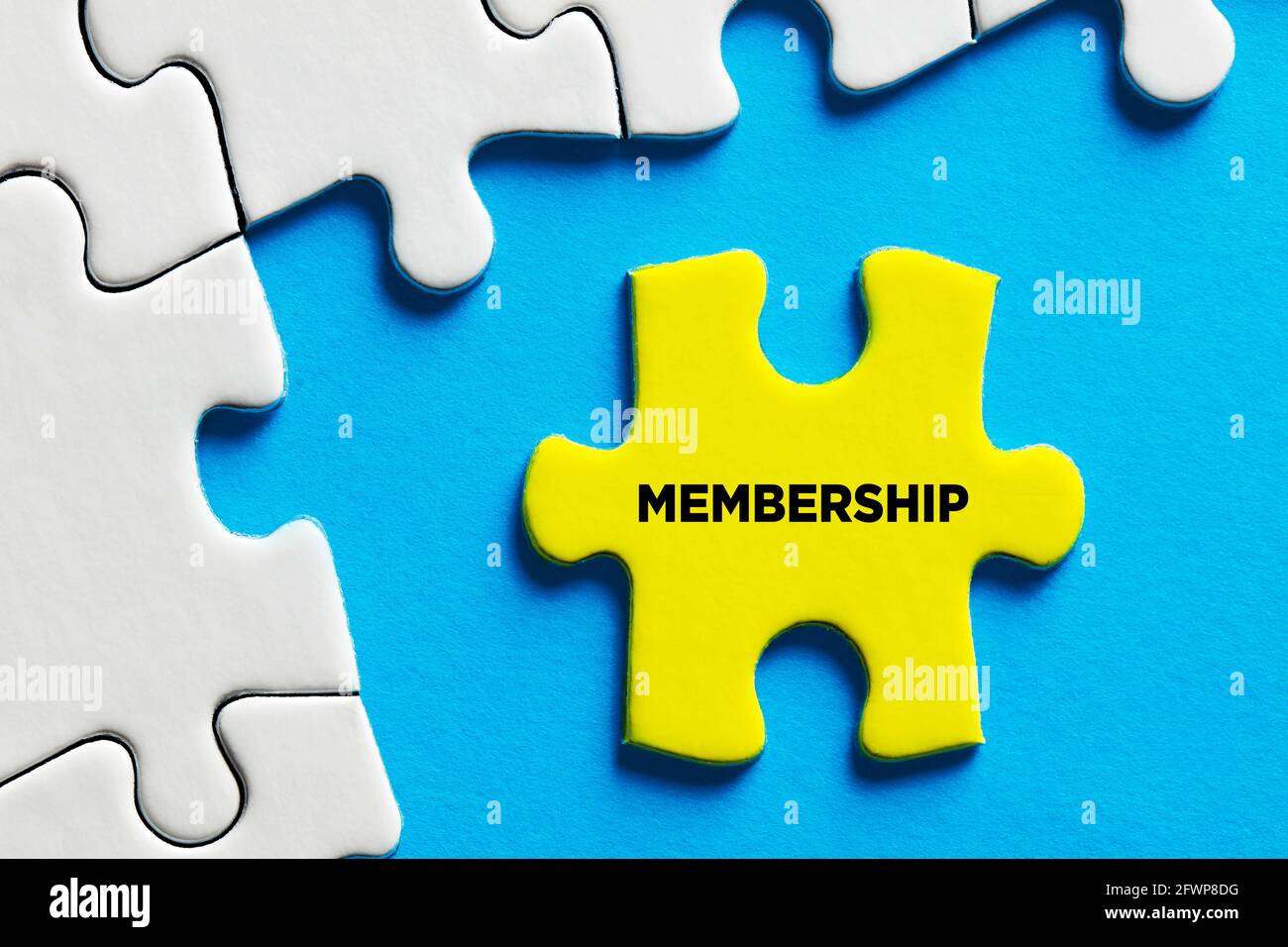 Das Wort Mitgliedschaft auf einem Puzzleteil geschrieben. Sich einem Anliegen-, Organisations- oder Servicekonzept anzuschließen. Stockfoto