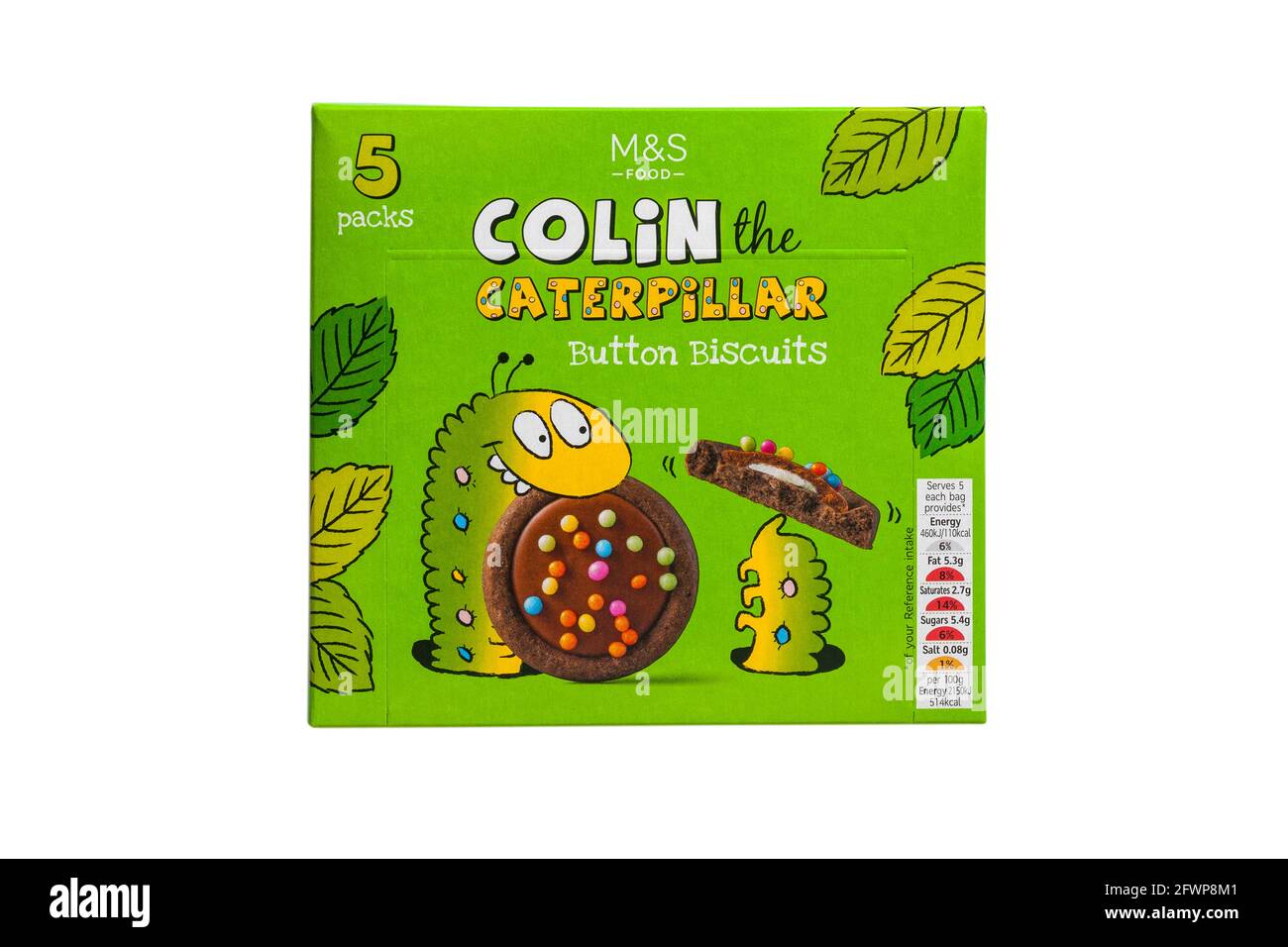 Box mit Colin the Caterpillar Knopfkeksen von M&S isoliert auf weißem Hintergrund Stockfoto