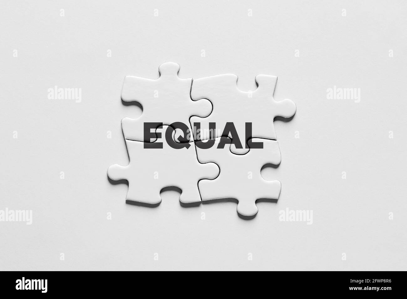 Puzzle Puzzleteile miteinander verbunden mit dem Wort gleich. Gleichberechtigung, Gleichberechtigung, Bezahlung oder Chancenkonzept. Stockfoto