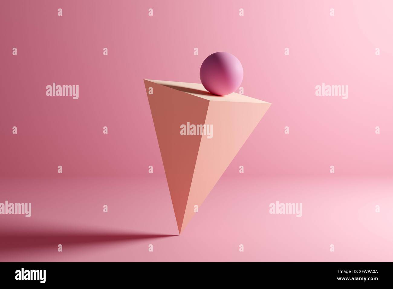 Kugel auf Balance auf einer umgekehrten Pyramidenprisma geometrische Form auf rosa Hintergrund. Abstrakte 3D-Hintergrunddarstellung. Stockfoto