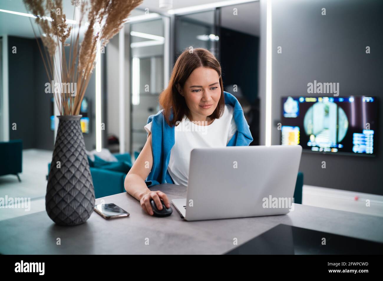 Weibliche Gamer spielen Videospiel von zu Hause mit Laptop. Professionelle Spieler testen Online-Videospiele auf ihrem PC mit moderner Technologie Stockfoto