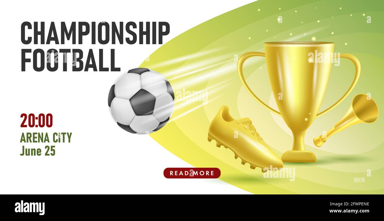 Fußball- oder Fußballposter mit Turnierankündigung mit Darstellung von goldenem Stiefel, Cup und Horn mit Ball in Bewegung Stock Vektor