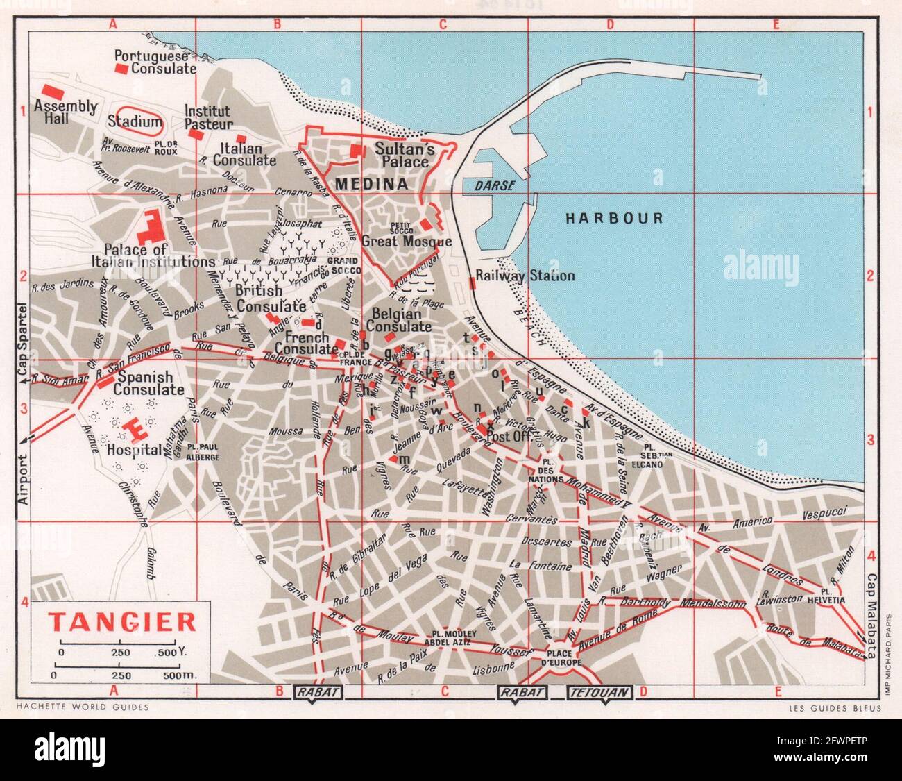 Tangier Vintage-Stadt Stadttouristenplan. Marokko 1966 alte Jahrgangskarte Stockfoto