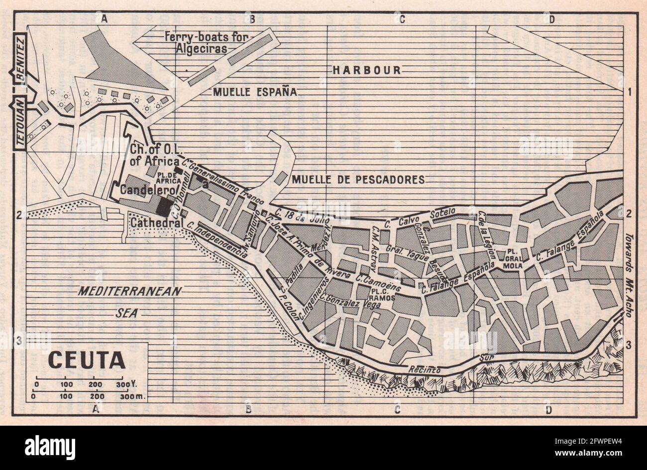 Ceuta Vintage Stadt Stadt Touristen Plan. Spanien / Marokko 1966 alte Jahrgangskarte Stockfoto