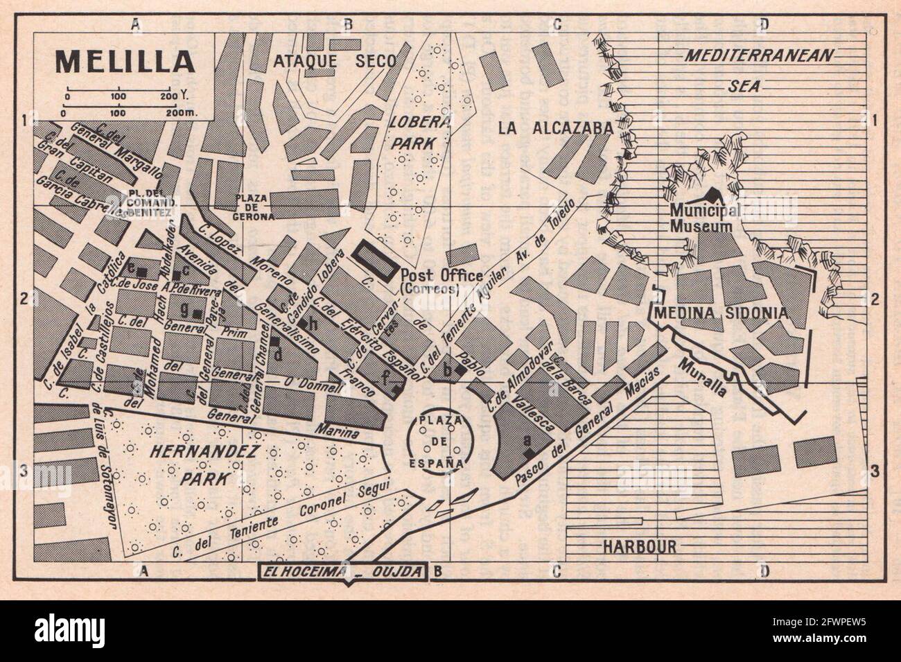Melilla vintage Stadt Stadttouristenplan. Spanien / Marokko 1966 alte Jahrgangskarte Stockfoto