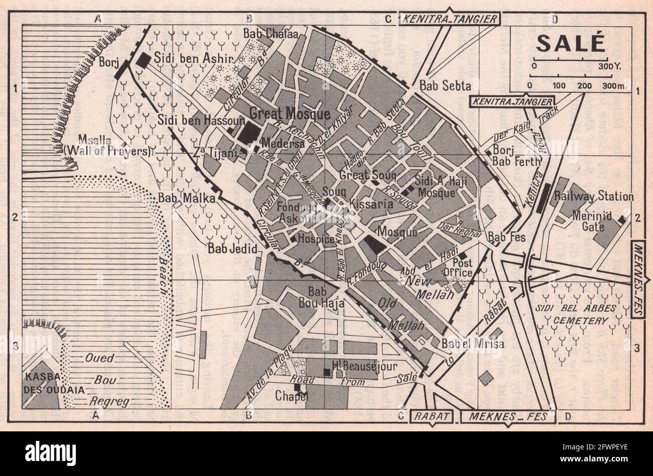 Salé vintage Stadt Stadttouristenplan. Marokko 1966 alte Jahrgangskarte Stockfoto