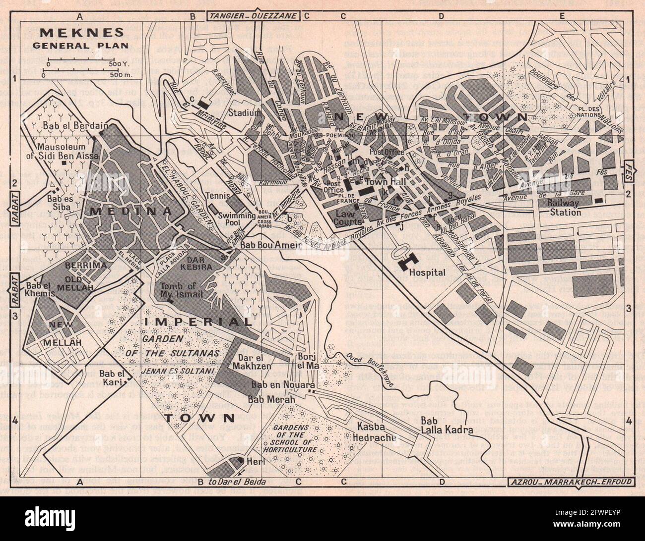 Meknes - Gesamtplan Vintage Stadt Stadttouristenplan. Marokko 1966 alte Karte Stockfoto
