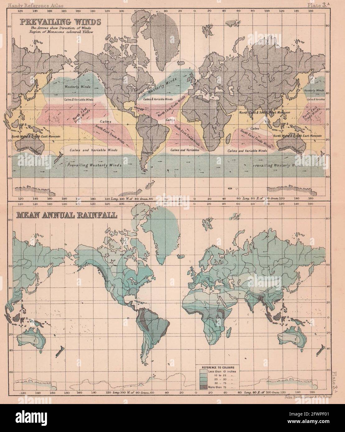 Vorherrschende Winde und mittlere jährliche Niederschläge. Welt. BARTHOLOMEW 1893 alte Karte Stockfoto