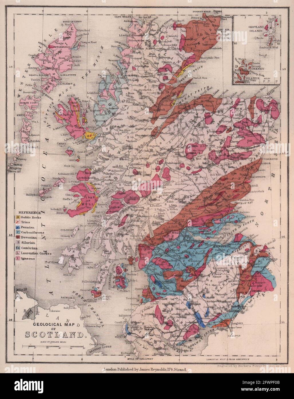 Antike geologische Landkarte von Schottland von James Reynolds 1864 Stockfoto