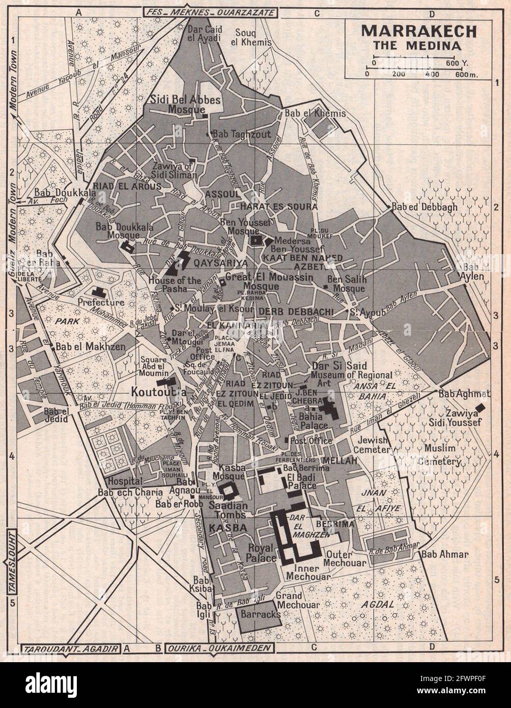Marrakesch - die Medina Vintage-Stadt Stadttouristenplan. Marokko 1966 alte Karte Stockfoto