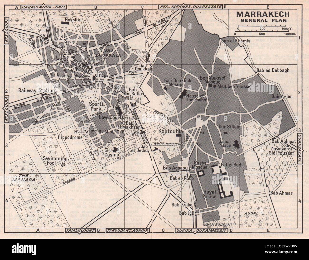 Marrakesch - Allgemeine Karte Vintage Stadt Stadt touristischen Plan. Marokko 1966 Jahre alt Stockfoto