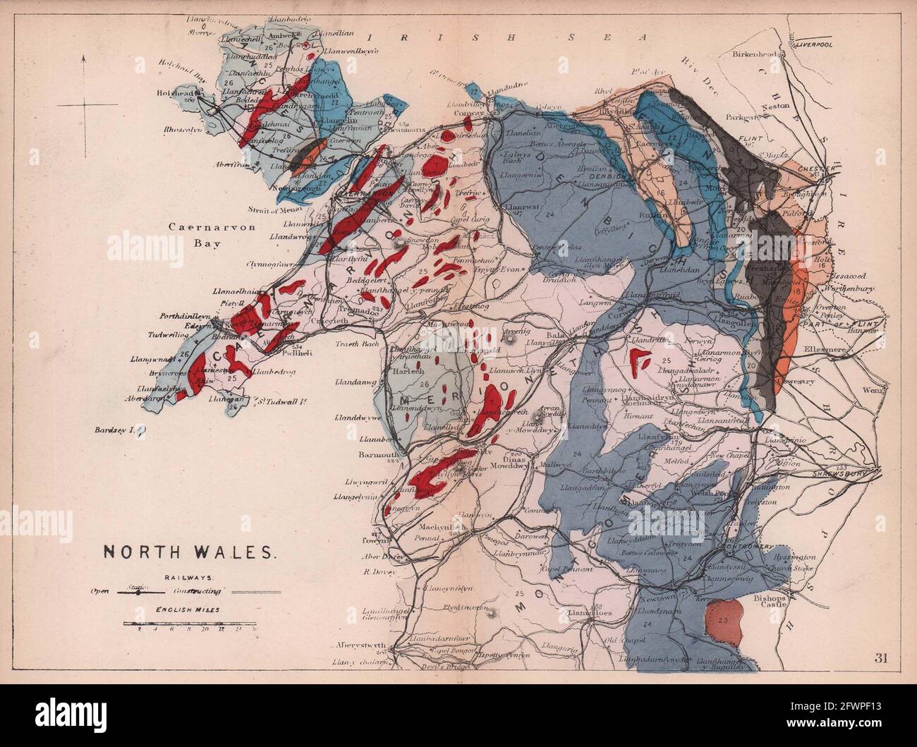 NORDWALES antike geologische Karte von James Reynolds 1864 Stockfoto