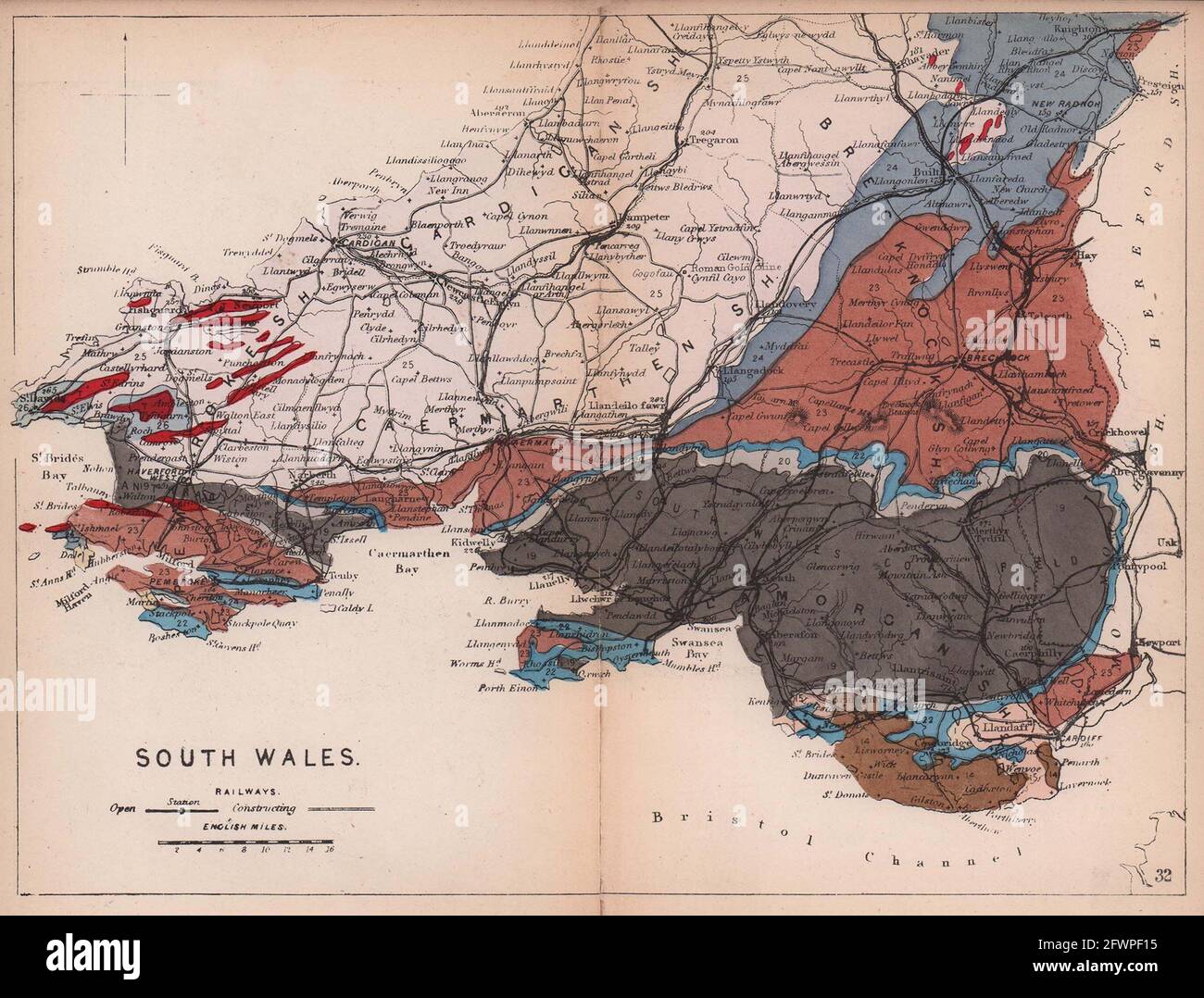 SÜDWALES antike geologische Karte von James Reynolds 1864 Stockfoto