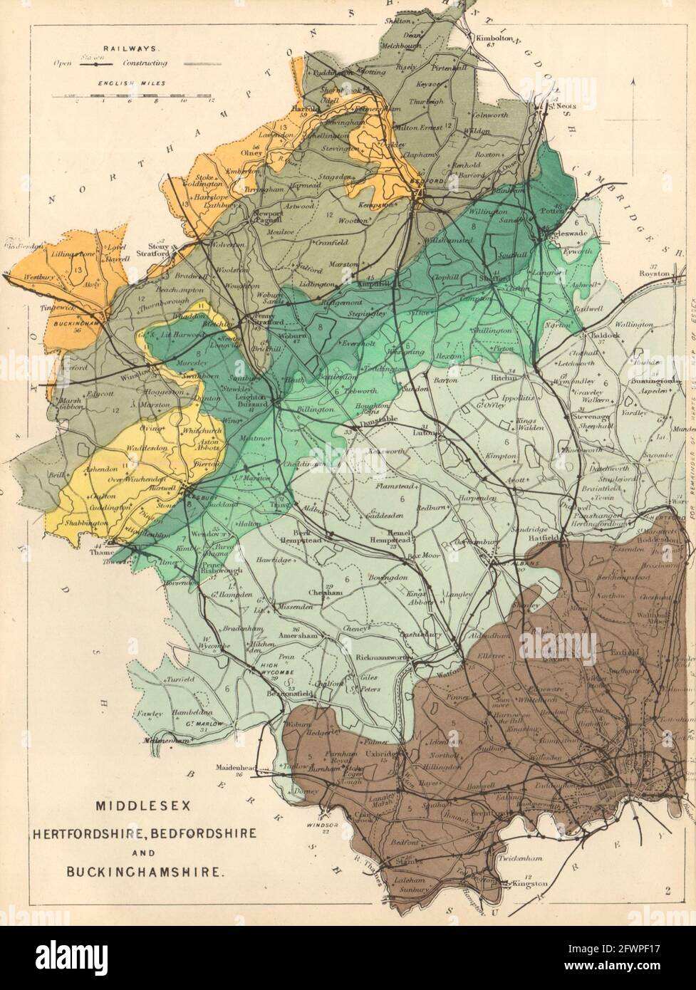 MIDDX HERTFORDSHIRE BEDFORDSHIRE BUCKINGHAMSHIRE geologische Karte. REYNOLDS 1864 Stockfoto