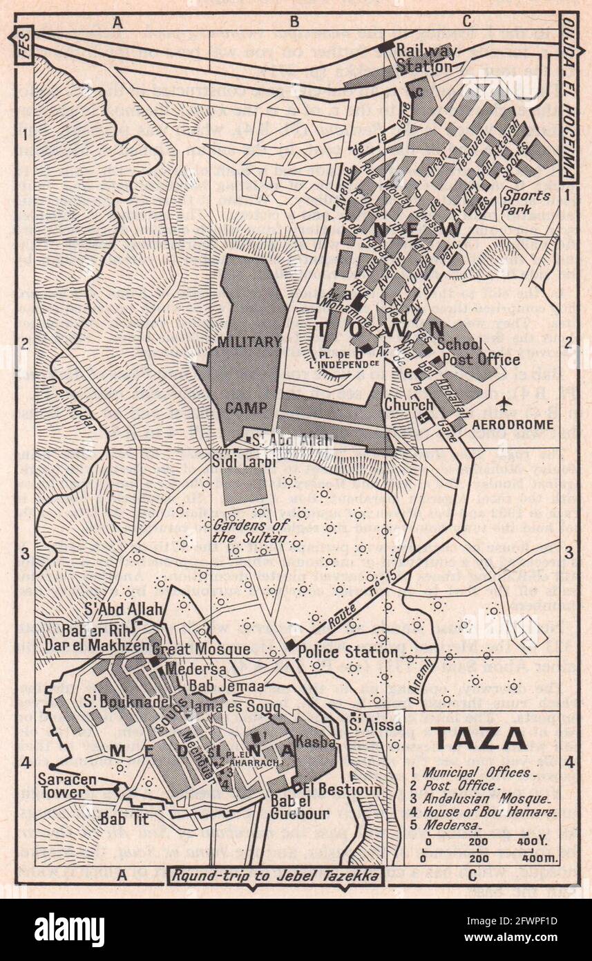 Taza vintage Stadt Stadttouristenplan. Marokko 1966 alte Jahrgangskarte Stockfoto