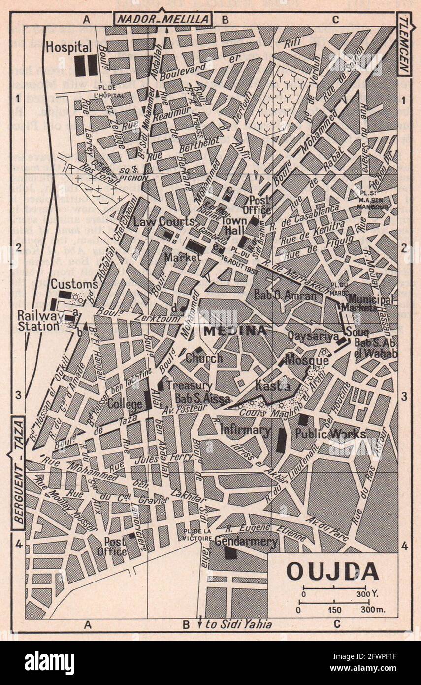 Oujda Vintage-Stadt Stadttouristenplan. Marokko 1966 alte Jahrgangskarte Stockfoto
