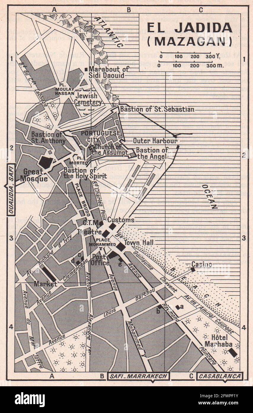 El Jadida (Mazagan) Vintage-Stadt Stadt-Touristen-Plan. Marokko 1966 alte Karte Stockfoto